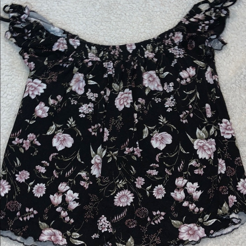 Flowered Black Tee with Tied Sleeves